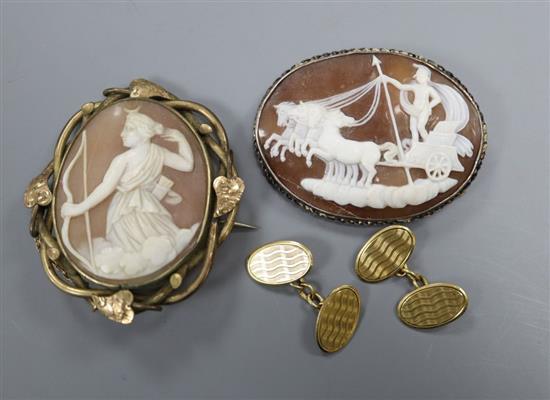 A pair of 18ct gold cufflinks, 7.2 grams and two Victorian cameo brooches.